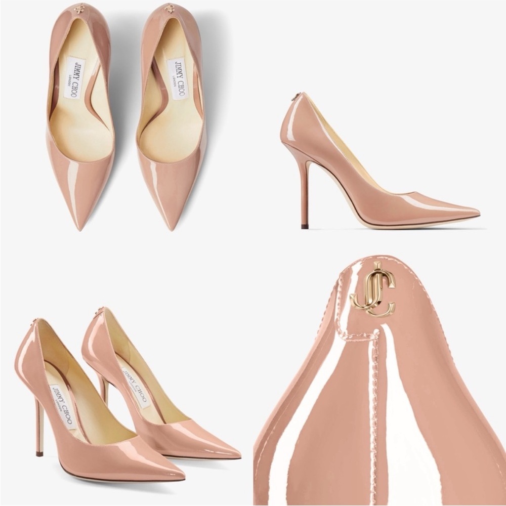 New Jimmy Choo Love Ballet-Pink Patent-Leather Pointed Pumps with JC $825 37.5